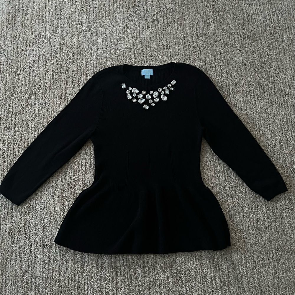 CeCe Black 3/4 Sleeve Gemmed Sweater Peplum Shirt